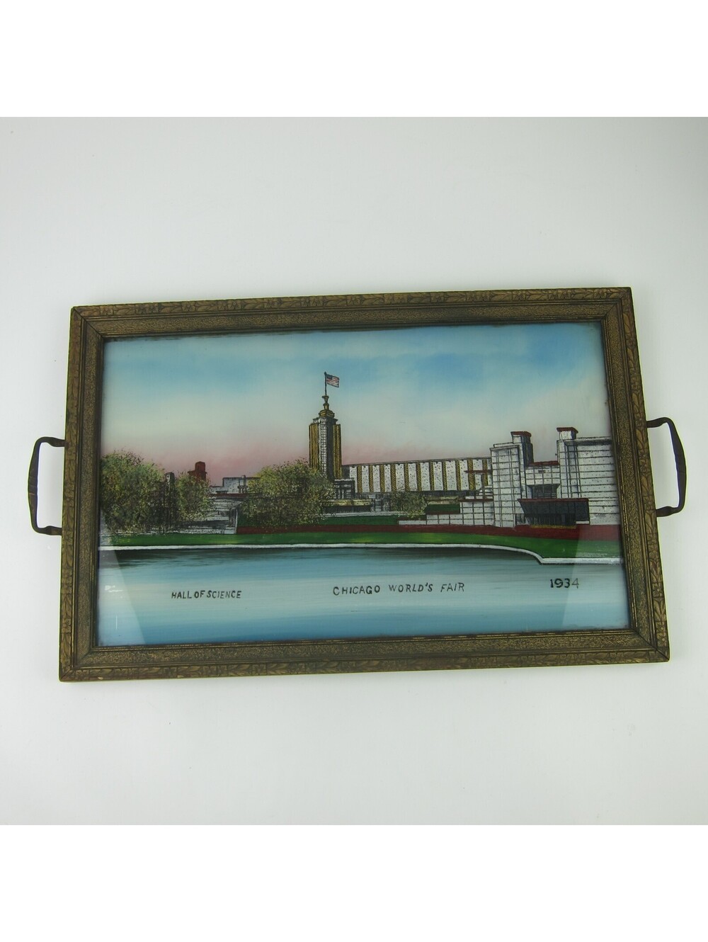 1934 Chicago World's Fair Reverse Painted Handled Tray Hall Of Science Vintage